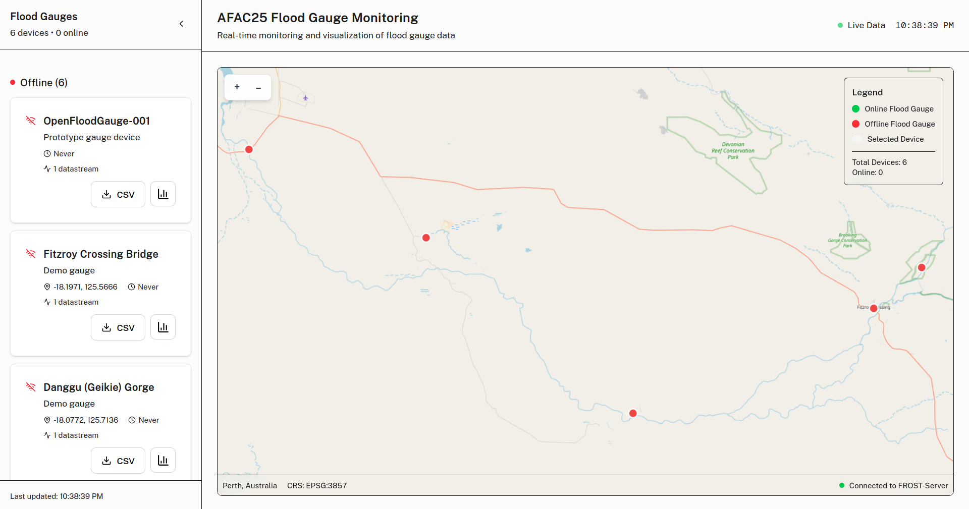 Monitoring UI map view showing flood gauges